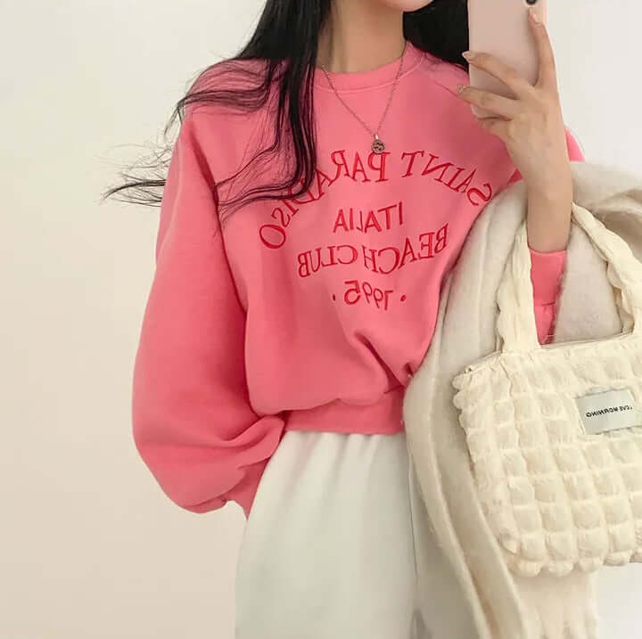 Light Letters Embroidery Velvet Thick Round Neck Sweatshirt