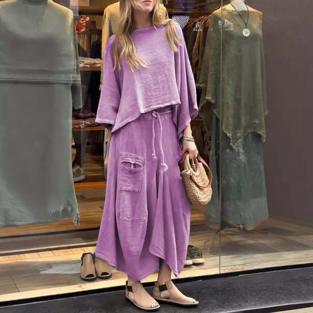 Casual Solid Color Loose Dress Two Piece Suit