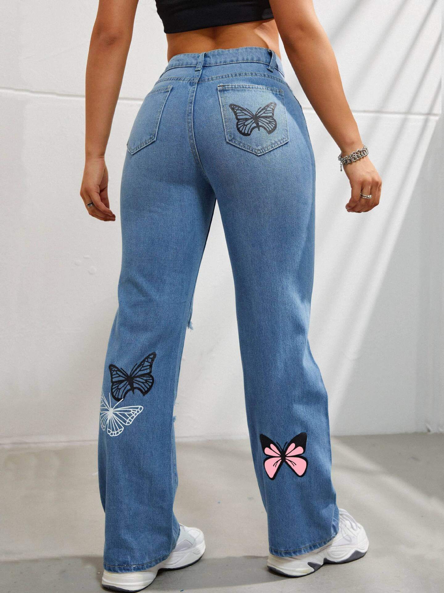 Trendy Butterfly Print Ripped Distressed High Waisted Straight Leg Jeans