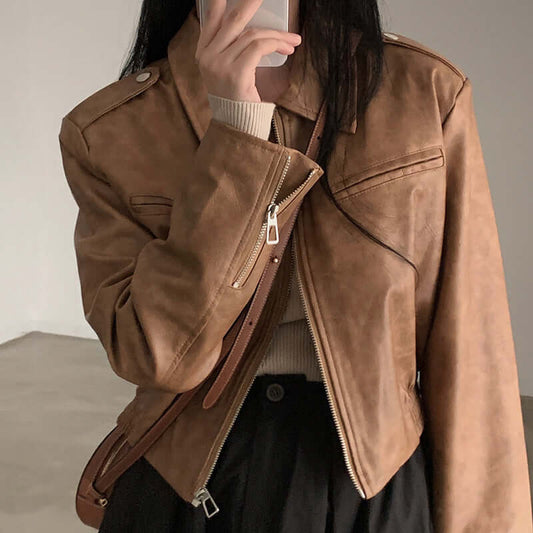 Women's Retro Hong Kong Style Lapel Leather Jacket