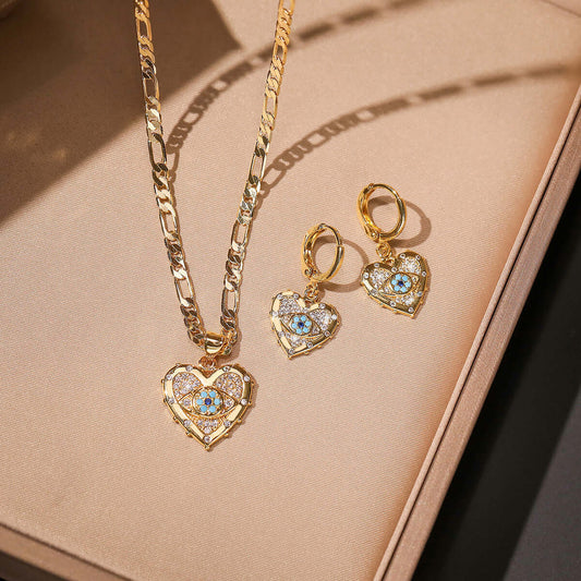 Fashion Jewelry Personality Copper Plated Real Gold Heart Shaped Zircon Pendant Necklace And Earrings Set