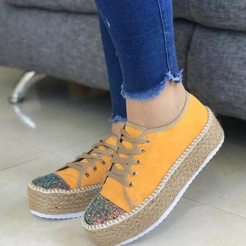 Sponge Cake Twine Bottom Sequined Lace Up Platform Fisherman Casual Shoes