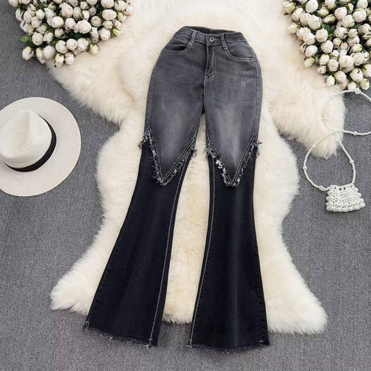 Color Matching Fashionable Elegant Bell Bottom Pants Jeans High Waist Slim Fit Slimming