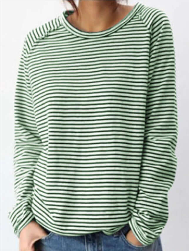 Loose Round Neck Raglan Long Sleeve Striped Printed Sweater