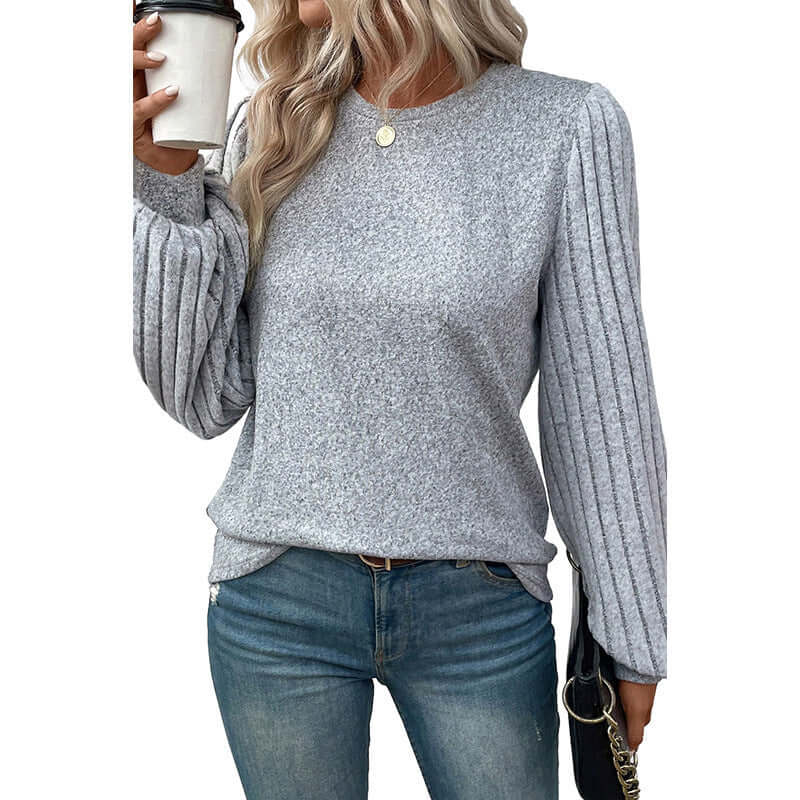 New Solid Color Simple Female Spring Thread Sunken Stripe Long Sleeve Pullover