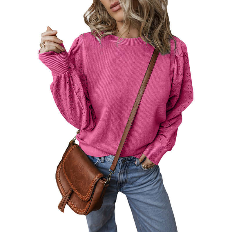 Textured Patchwork Round Neck Long Sleeve Top