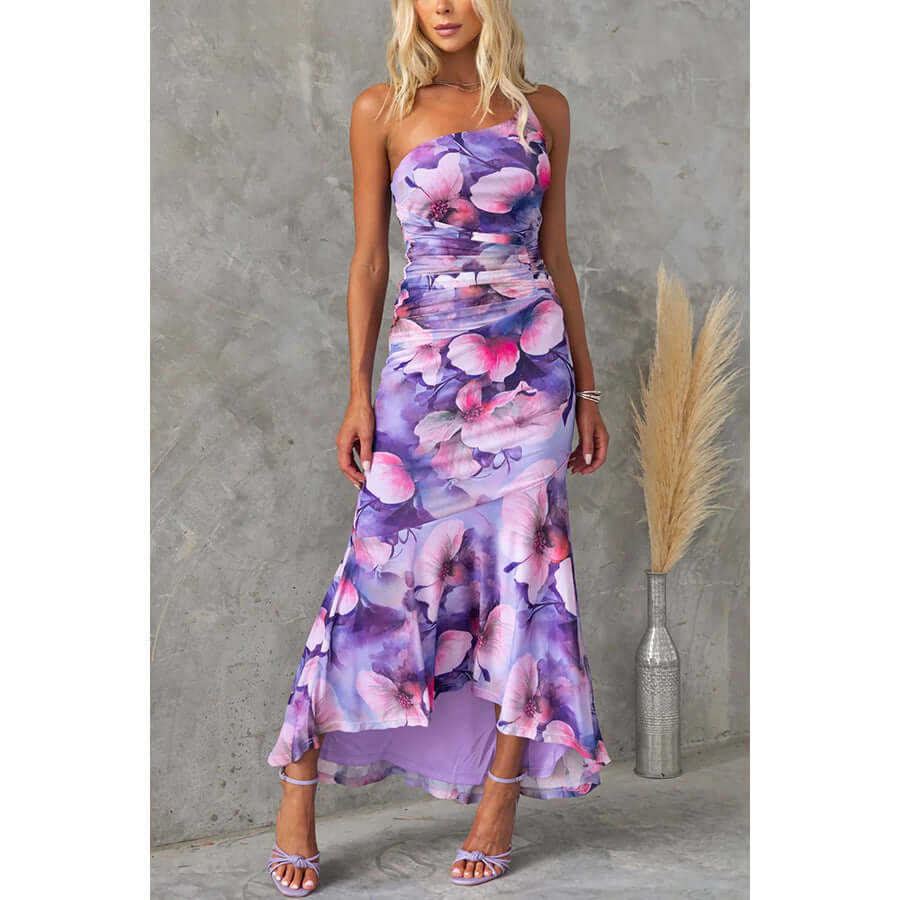 Flowers Print One Shoulder Summer Dress