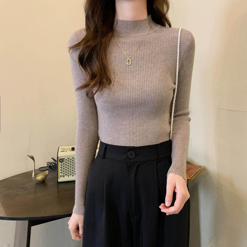 High Collar Inner Lining Bottom Sweater Slim Fit Fit Long Sleeved Sweater