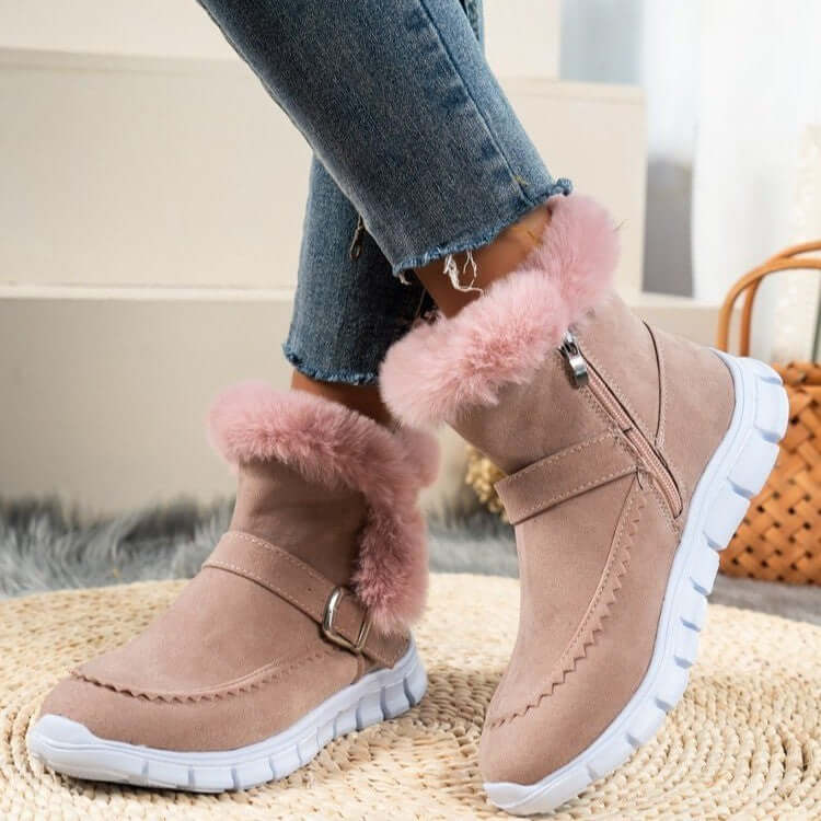 New Snow Boots Winter Warm Thickened Solid Color Plush Ankle Boots With Buckle Design Plus Velvet Flat Shoes