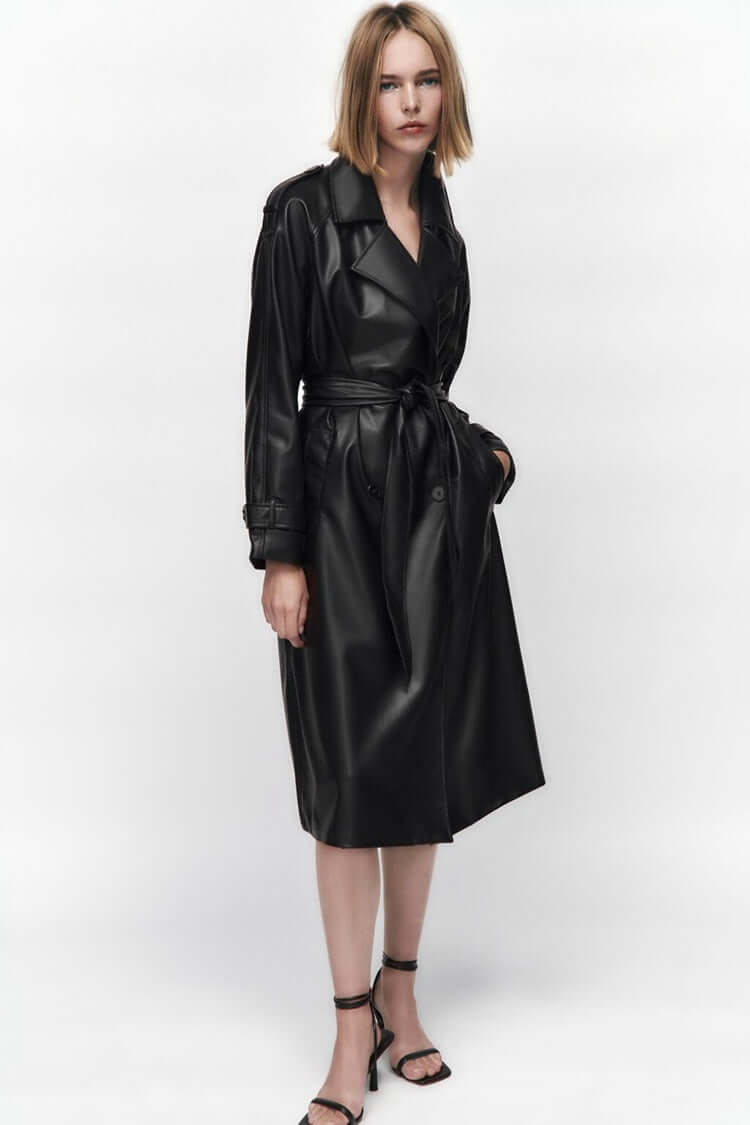 Autumn Long Sleeve Slim Fit With Belt Imitation Leather Trench Coat