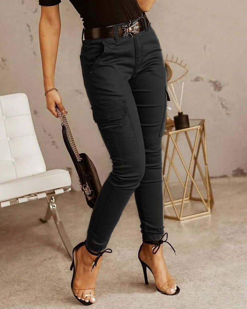 Women's Trousers, Low Waisted Buttons, Solid Color Pockets