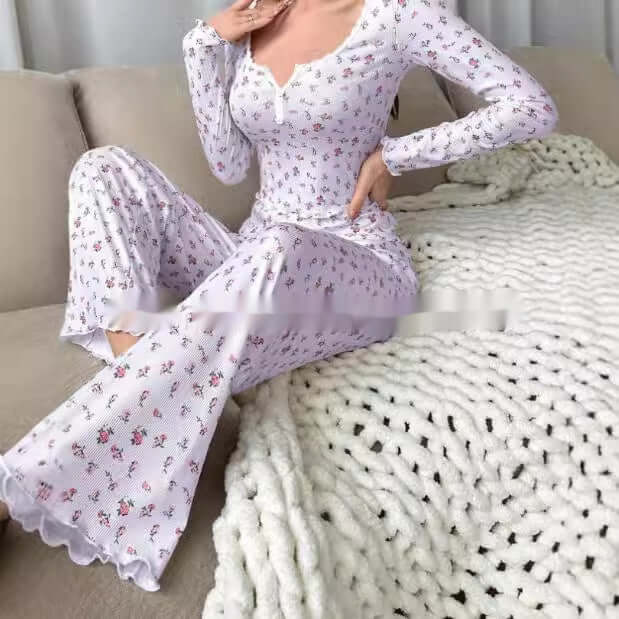 Small Floral Print Lettuce Edge Lace Collar Button Pyjamas Suit