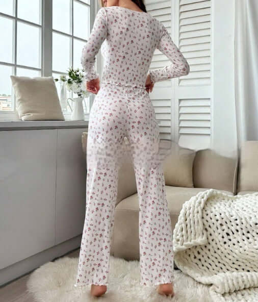 Small Floral Print Lettuce Edge Lace Collar Button Pyjamas Suit