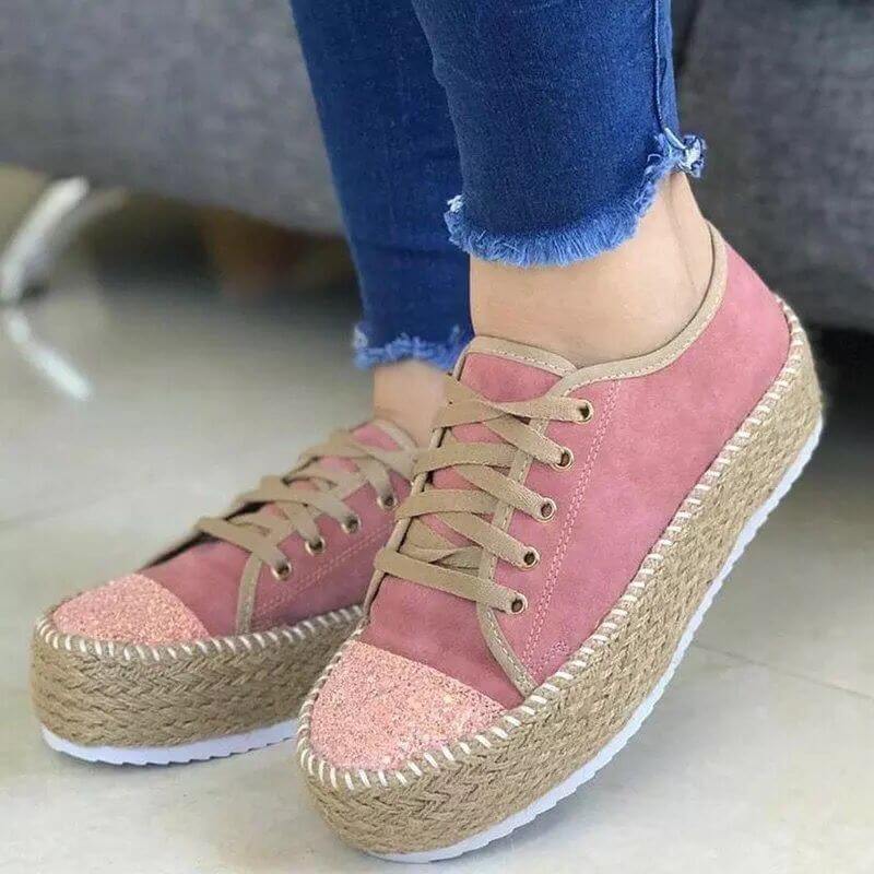 Sponge Cake Twine Bottom Sequined Lace Up Platform Fisherman Casual Shoes