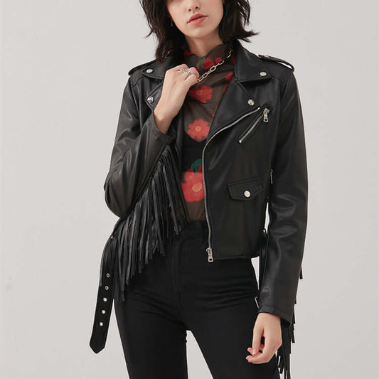 New Women's Tassel Short Slim Leather Look Jacket Motorcycle