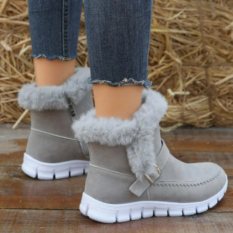 New Snow Boots Winter Warm Thickened Solid Color Plush Ankle Boots With Buckle Design Plus Velvet Flat Shoes