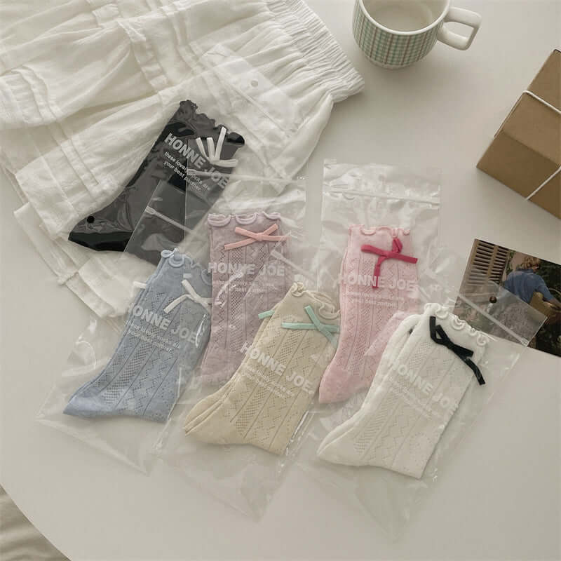 Thin Mesh Solid Color Bow Mid Calf Length Loose Socks Breathable Sweat Absorbing