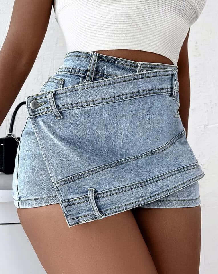 Street Vintage Denim Shorts Stretch Overlap Asymmetrical