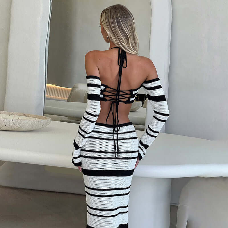 Women's Striped Off Shoulder Halter Lace Up Long Sleeve