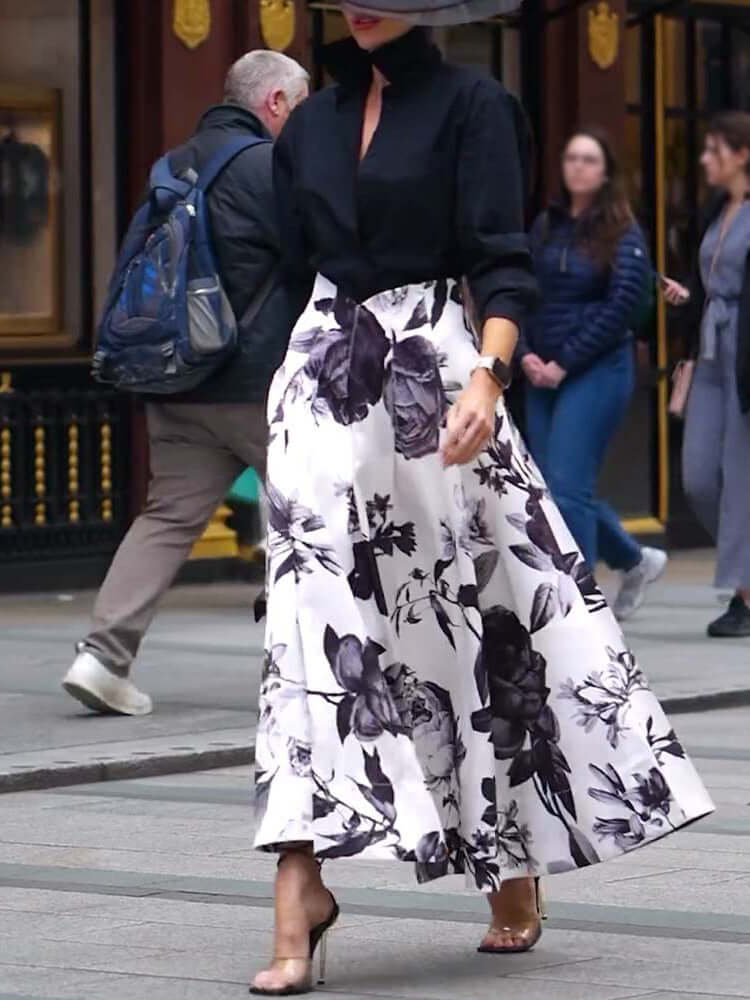 Solid Color Long Sleeved Shirt & Printed Wide Skirt Suit