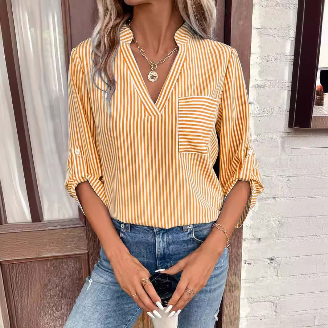 Women's V Neck Pullover Striped Printed Long Sleeves Casual Shirt