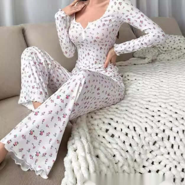 Small Floral Print Lettuce Edge Lace Collar Button Pyjamas Suit