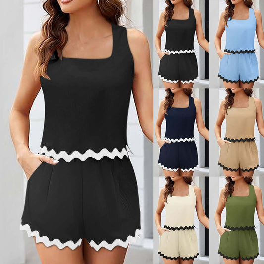 Fashion Casual Corrugated Lace Sleeveless Shorts Suit