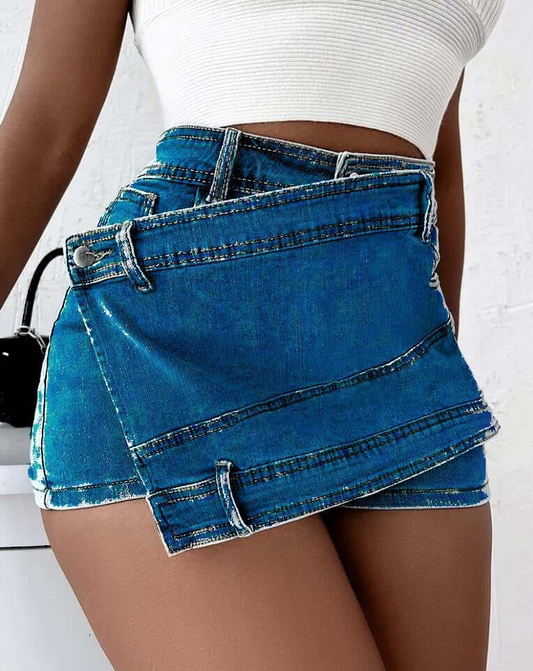 Street Vintage Denim Shorts Stretch Overlap Asymmetrical