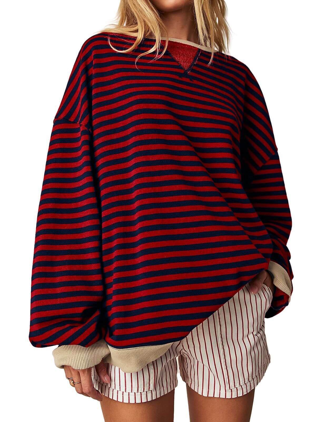 Women's Striped Embroidered Stitching Color Inserted Pullover Sweater