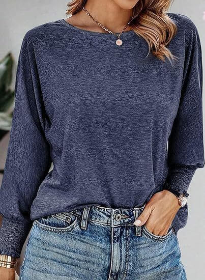 Blusa informal holgada de manga larga con cuello redondo para mujer a la moda