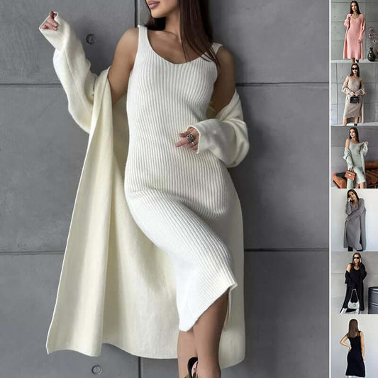 2 Pcs Knitted Suit Fashion Slim Sleeveless Long Dress And Casual Loose Cardigan