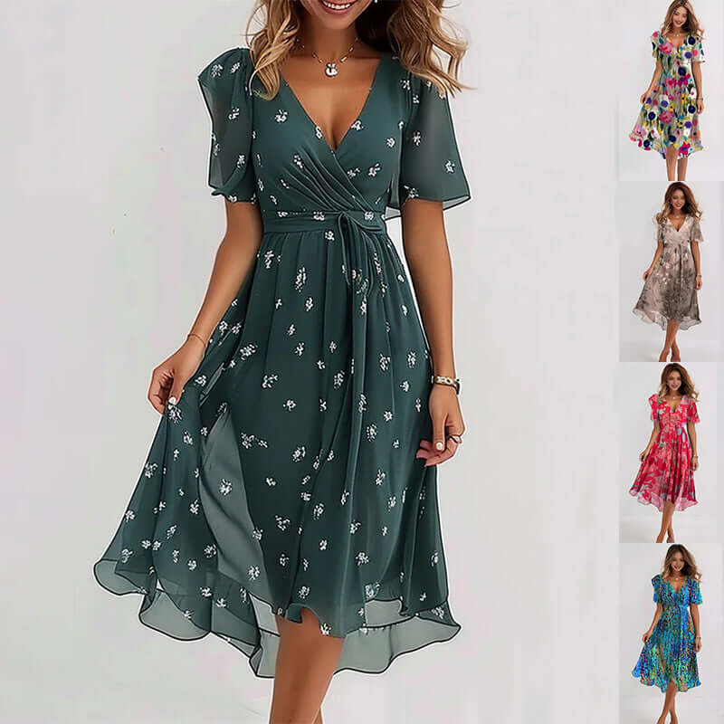 Chiffon Short Sleeve Summer Elegant V Neck Dresses