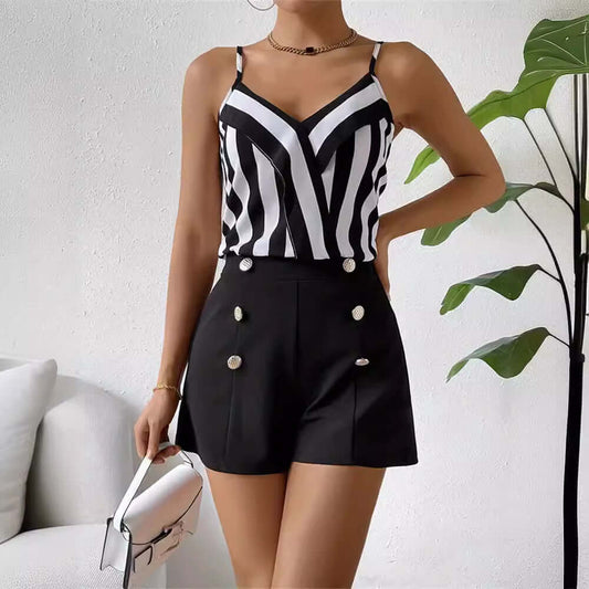 Striped Spaghetti Straps Lotus Leaf Top And Shorts Two Piece Set