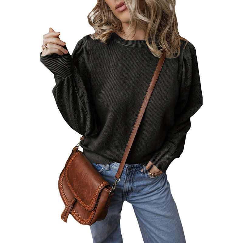 Textured Patchwork Round Neck Long Sleeve Top