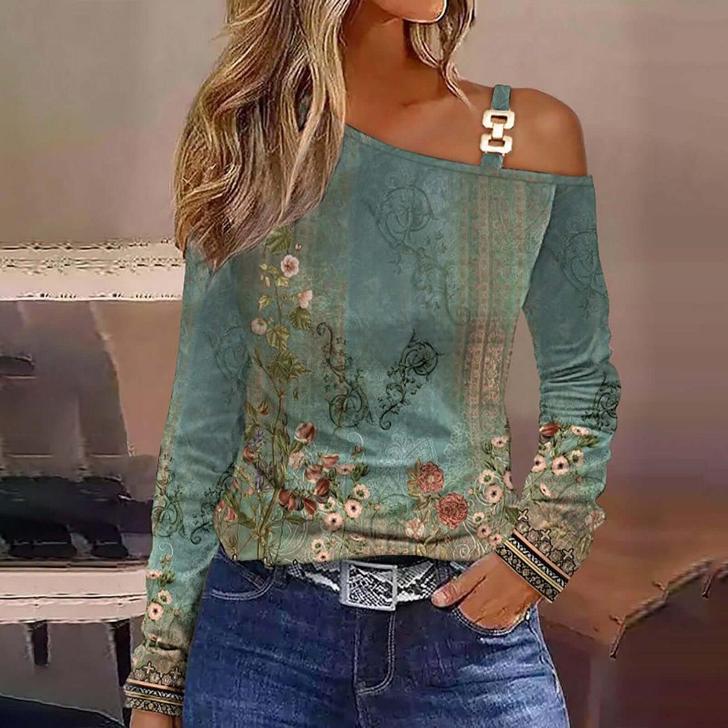 Blusa con cuello en los hombros y diseño sencillo de otoño para mujer