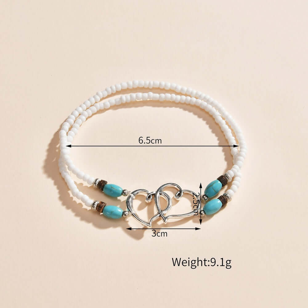 Fashion Vacation Style Alloy Double Heart Bead Turquoise Double Elastic Anklet