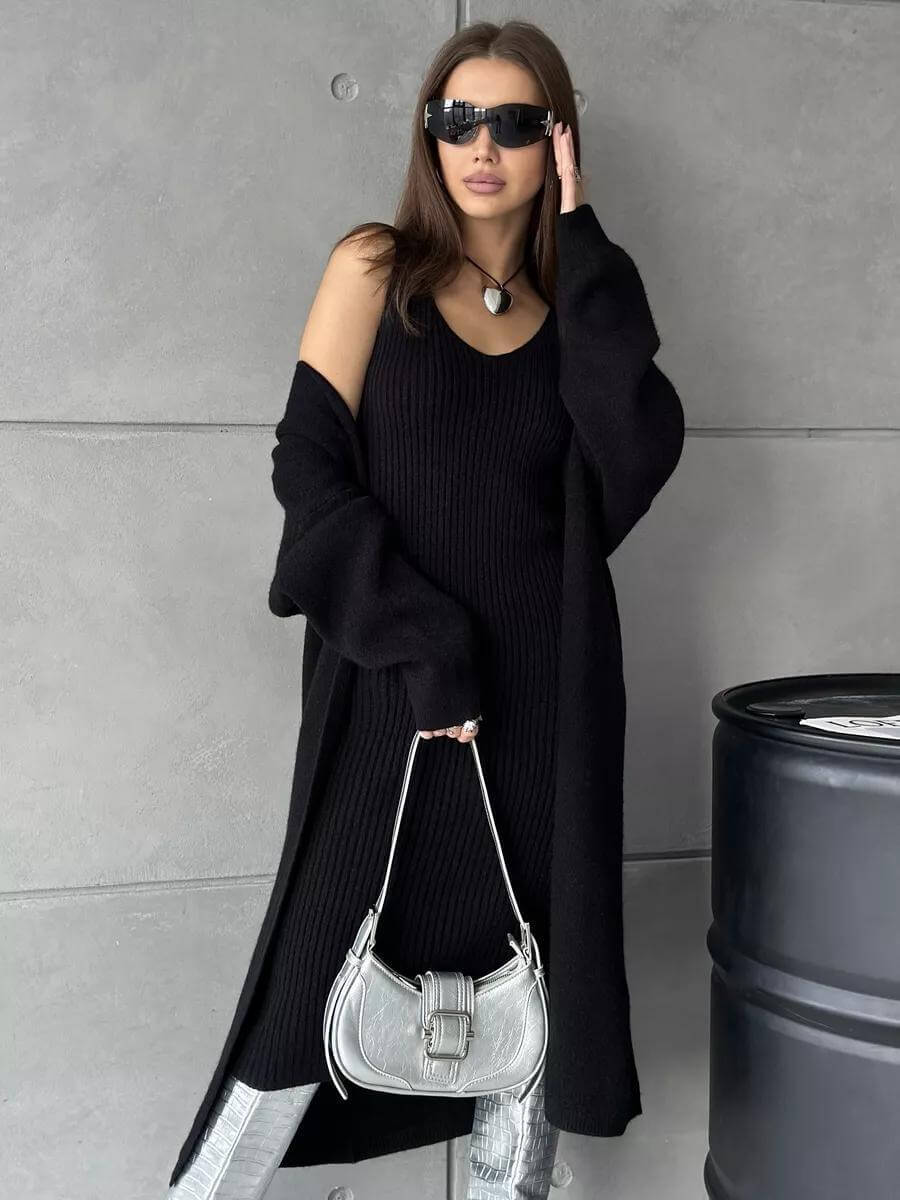 2 Pcs Knitted Suit Fashion Slim Sleeveless Long Dress And Casual Loose Cardigan