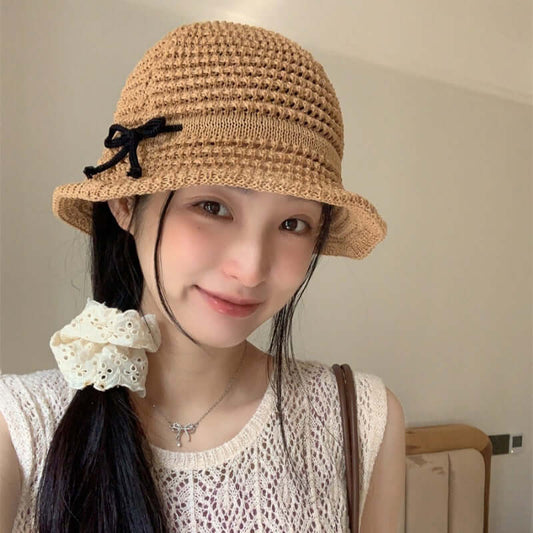 Summer Outing Hollow Out Bow Straw Hat Women's Japanese Style