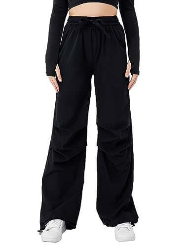 Women's High Waist Drawstring Patchwork Wide Leg Pants Casual Straight Pants