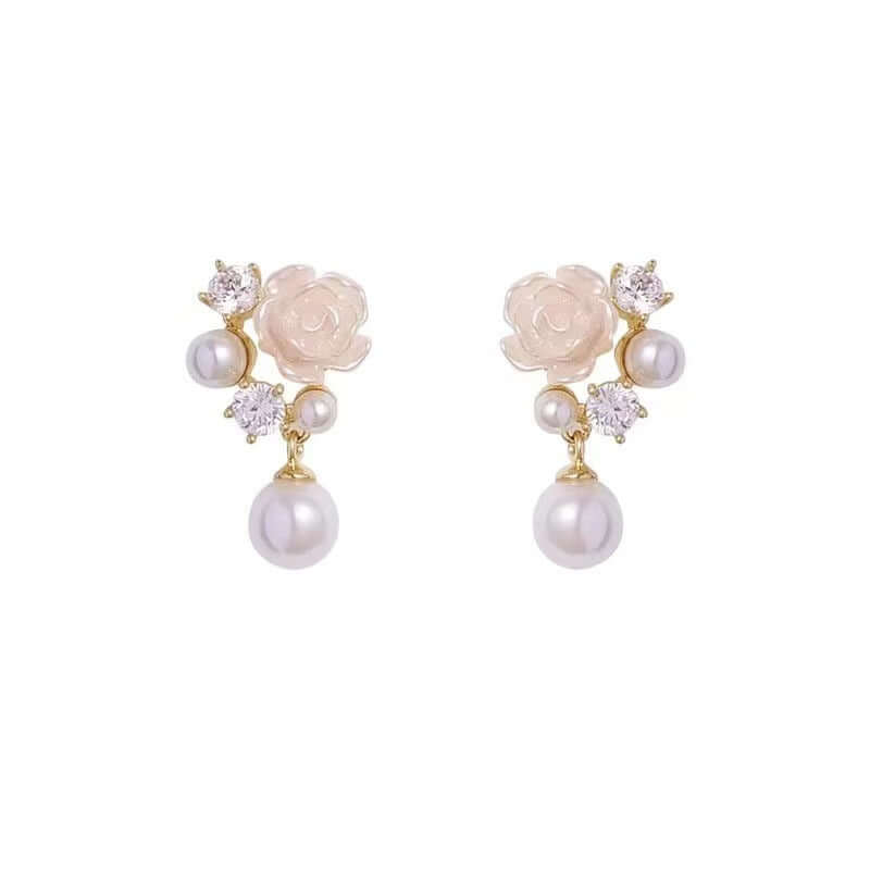 Camellia Pearl Zircon Small Eardrops Fashion Earrings