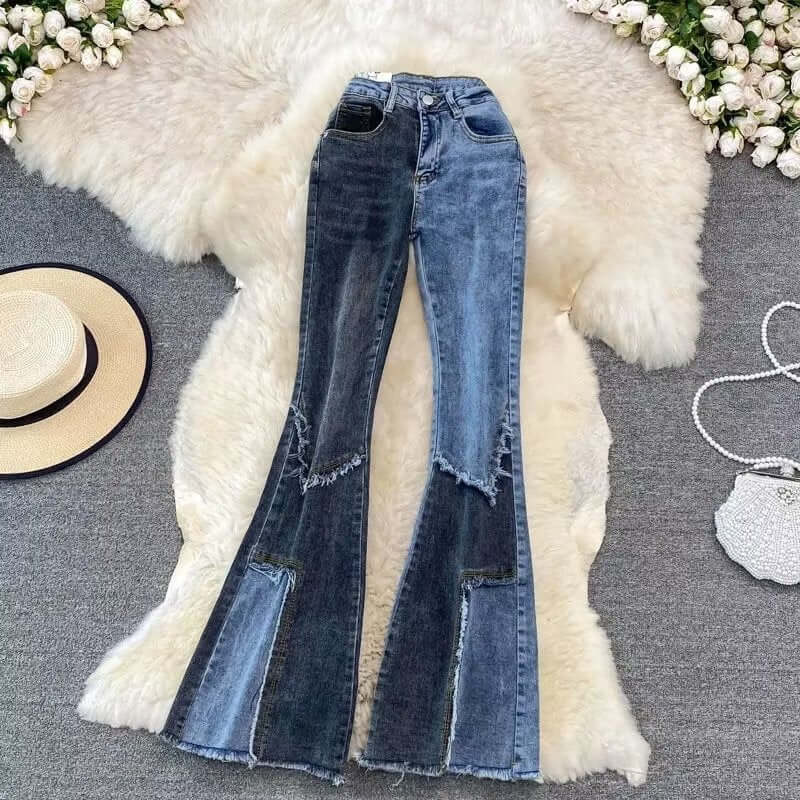 Color Matching Fashionable Elegant Bell Bottom Pants Jeans High Waist Slim Fit Slimming