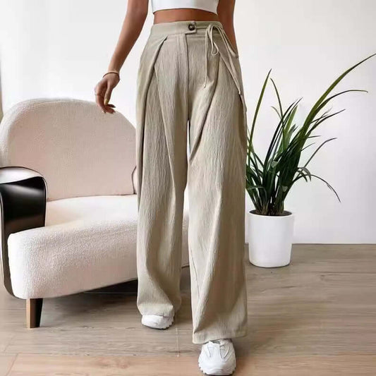 Women's High Waist Drawstring Patchwork Wide Leg Pants Casual Straight Pants