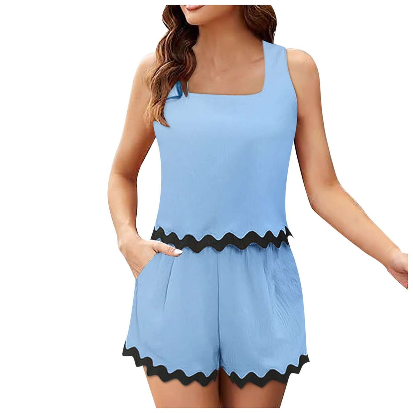 Fashion Casual Corrugated Lace Sleeveless Shorts Suit