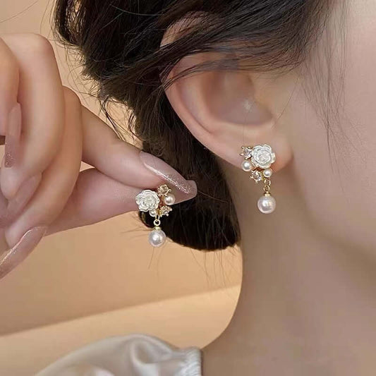 Camellia Pearl Zircon Small Eardrops Fashion Earrings