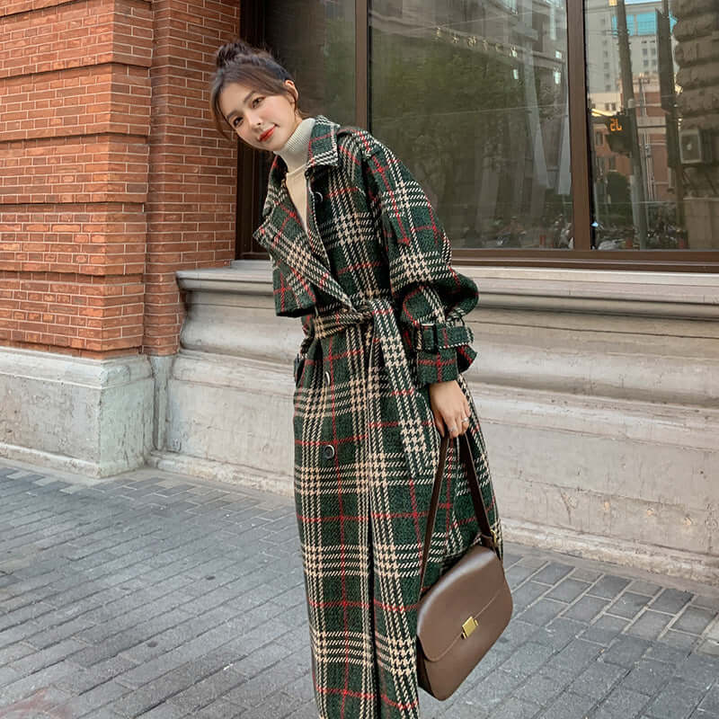 Green Plaid Loose Mid Length Woollen Coat