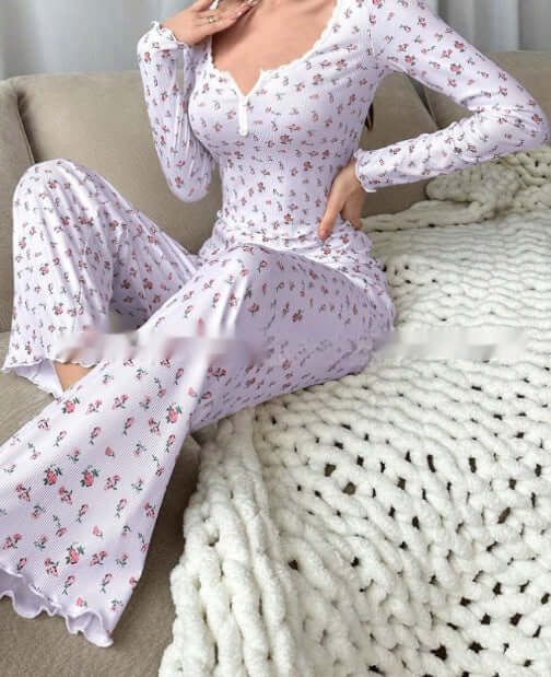 Small Floral Print Lettuce Edge Lace Collar Button Pyjamas Suit