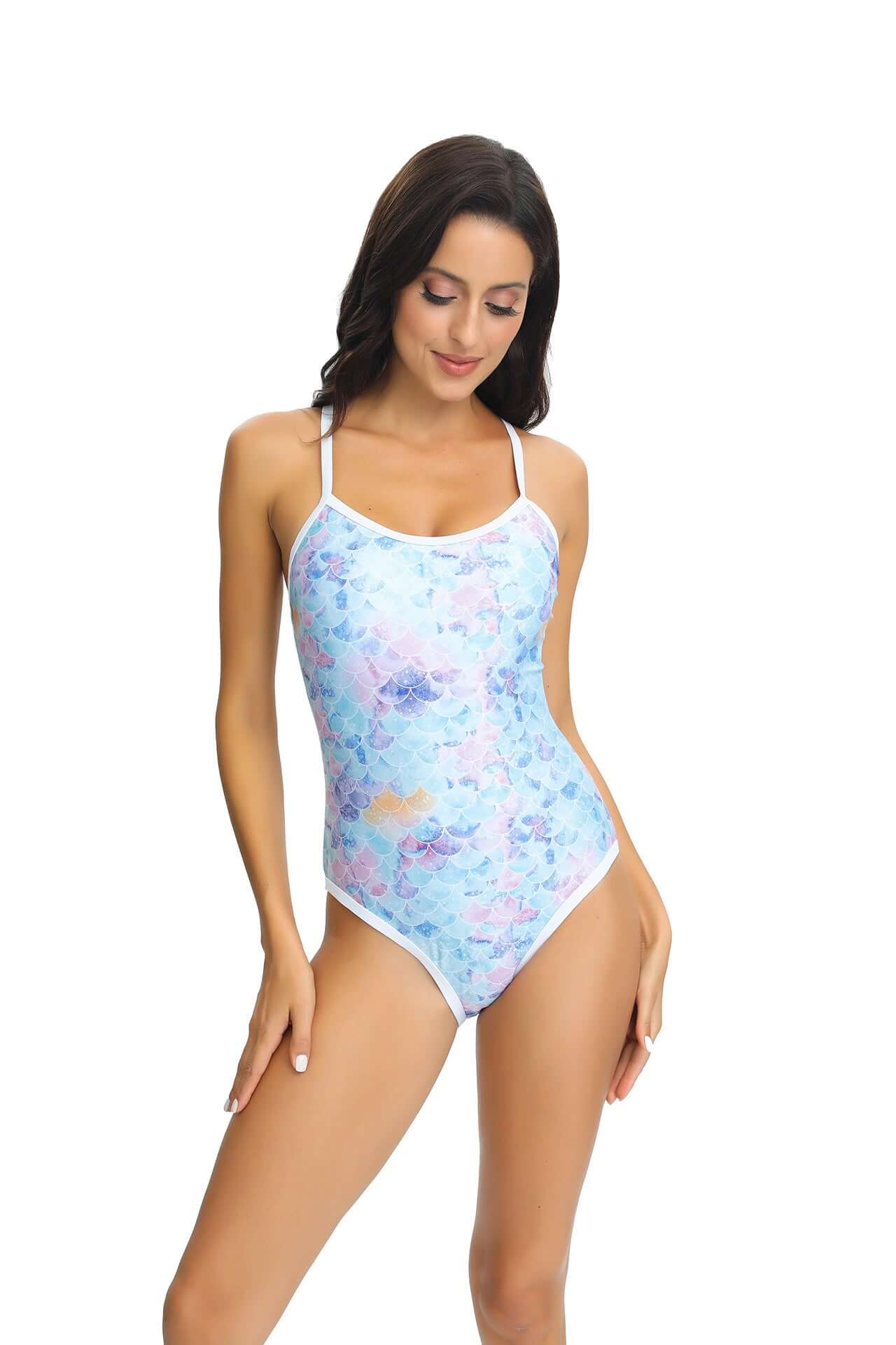 Printed Siamese Triangle Cross Adjustable Shoulder Strap Swimsuit