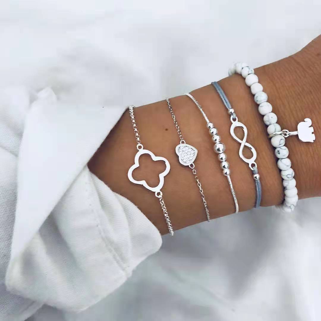 Pulsera creativa de cinco piezas con forma de elefante, corazón de diamantes y ocho caracteres para mujer