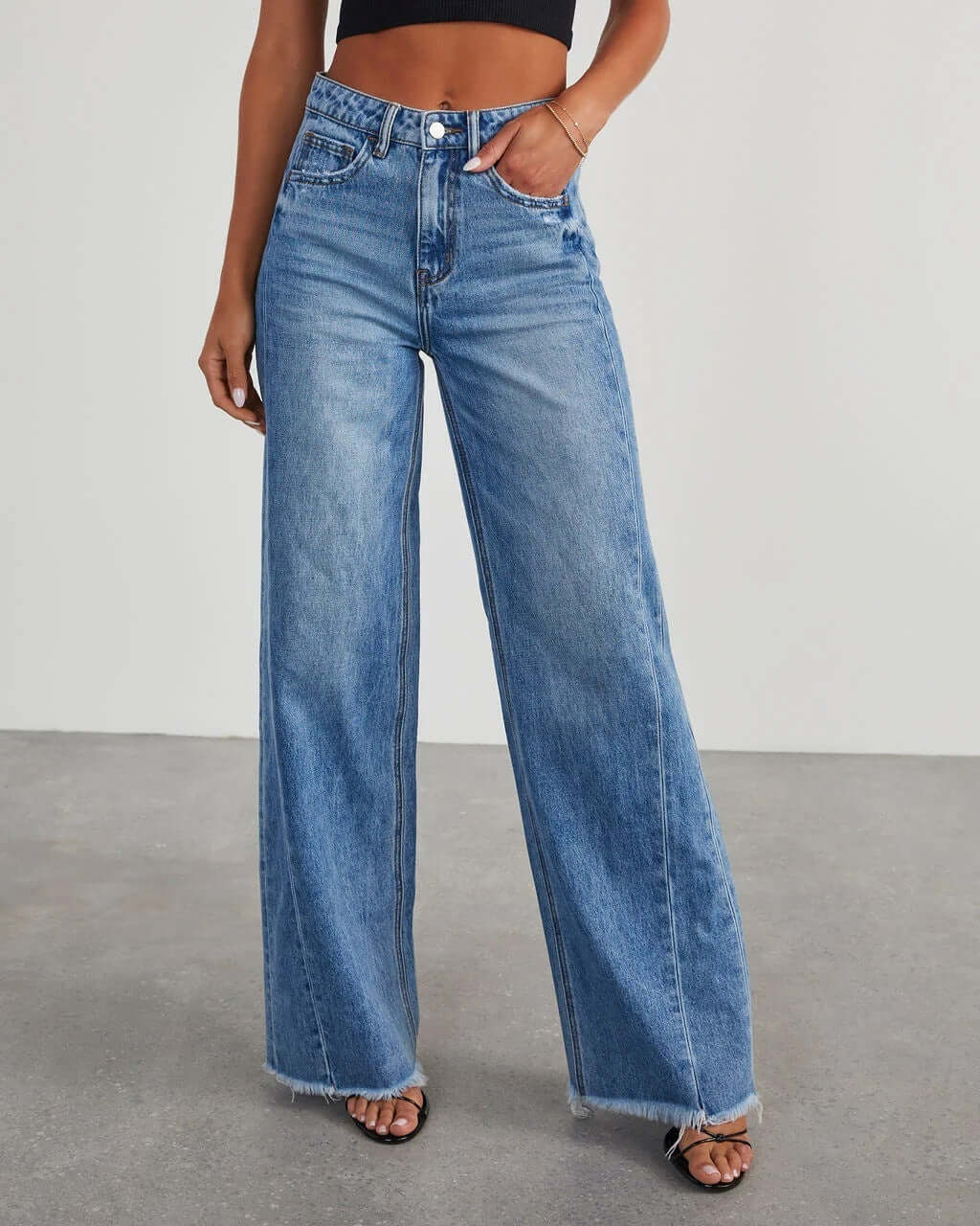 Women's Loose Wide Leg Side Seam Stitching Frayed Hem Jeans