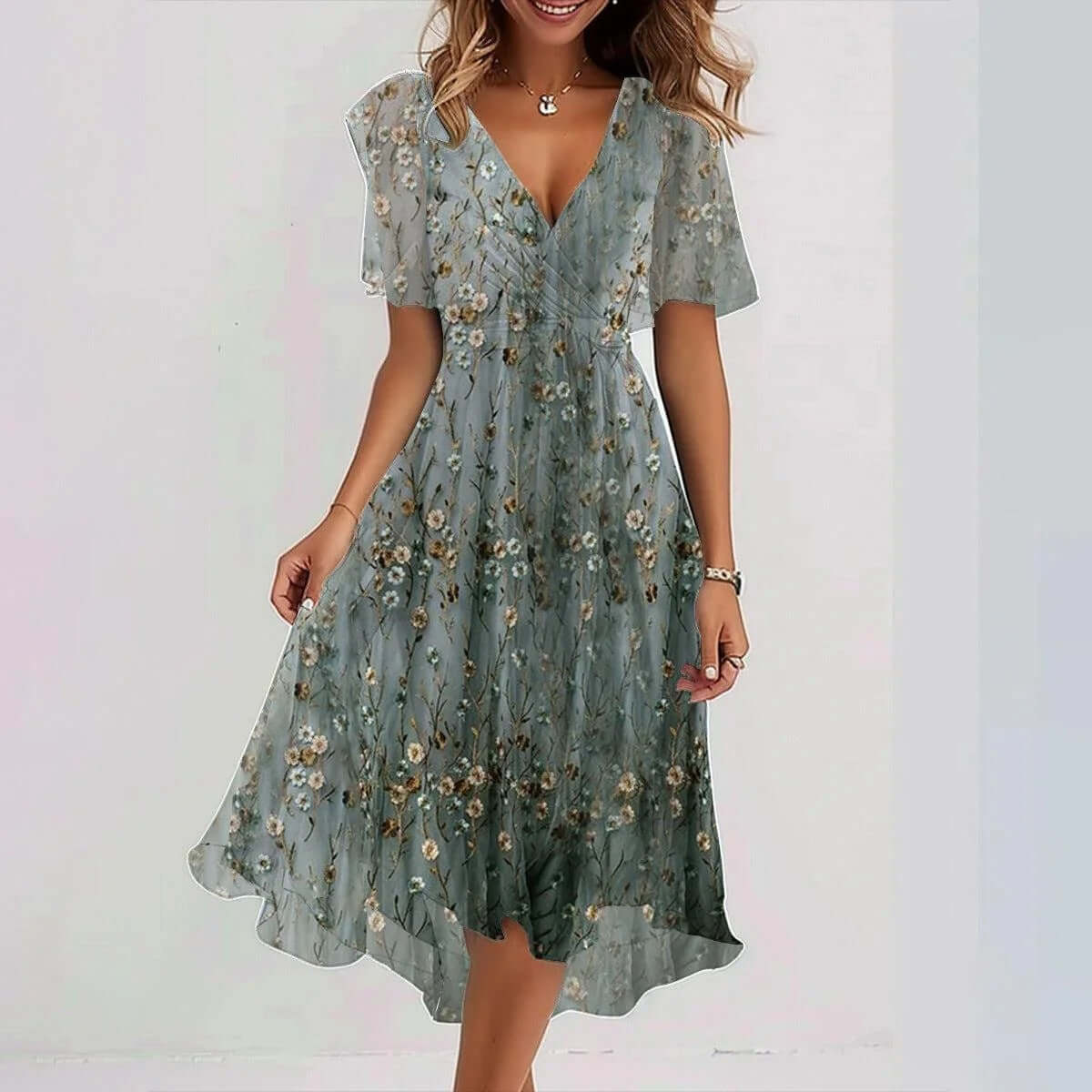 Chiffon Short Sleeve Summer Elegant V Neck Dresses